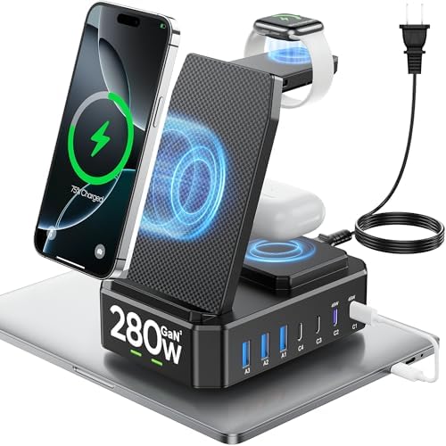 SIMPLERAS 280W 10-in-1 USB-C Charging Station For Apple, SamSung, Xiaomi (Wireless Charging Only For Iphone Family)