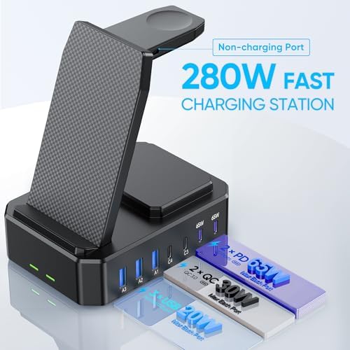 SIMPLERAS 280W 10-in-1 USB-C Charging Station For Apple, SamSung, Xiaomi (Wireless Charging Only For Iphone Family)