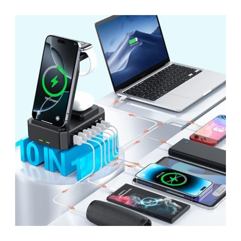 SIMPLERAS 280W 10-in-1 USB-C Charging Station For Apple, SamSung, Xiaomi (Wireless Charging Only For Iphone Family)